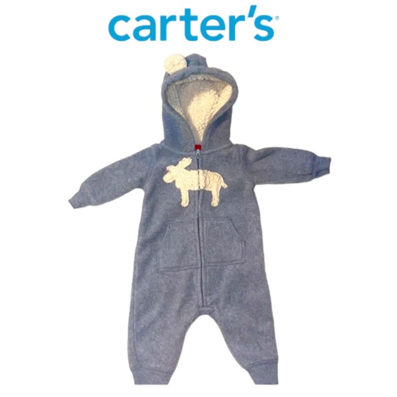CARTER’S➕Fleece Moose Hooded Romper - Picture 1 of 5